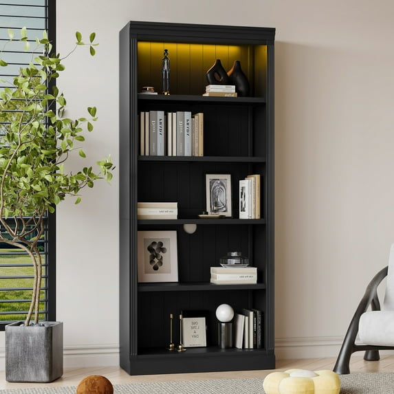 83 Inch Tall Storage Cabinet with LED Lights, Freestanding Display Cabinet Adjustable Shelves, 5-Tier Wood Bookshelf Organizer for Living Room, Office, Collectibles - Black
