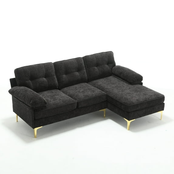 83" L-Shape Modular Sectional Sofa Couch, Comfy Upholstered Cloud Couch with Reversible Chaise and Golden Metal Legs, Modern 3 Seat Minimalist Couch for Living Room, Apartment, Bedroom, Black
