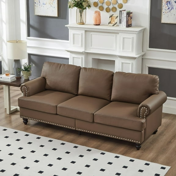 83" Living Room Sofa with Classic American Design and Nails, Upholstered in Imitation Cowhide Leather, Brown