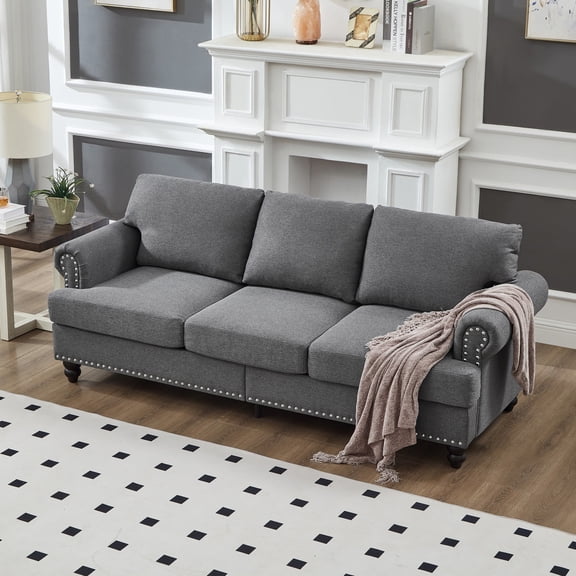 83" Modern Classic Design with Nails Living Room Three Seater Sofa Fabric Couch,Upholstered Polyester (Grey)