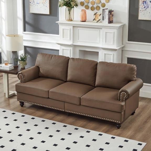 83" Modern Leather Couch with Nails for Living Room, Solid Wood Frame