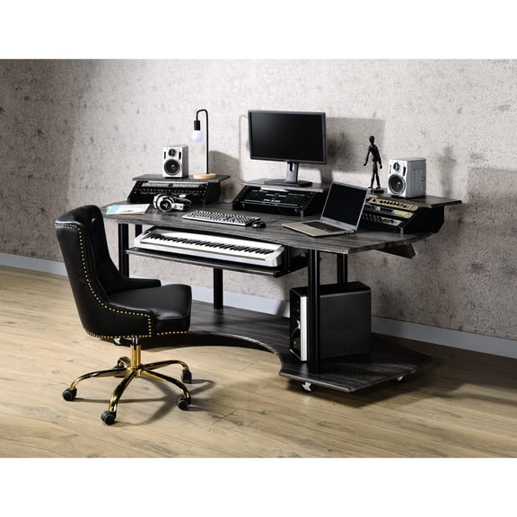 83" Music Production Studio Desk | Designed for Style and Function, Smooth Rolling | Black Oak Finish, Metal Support | Arranges Studio Equipment Neatly
