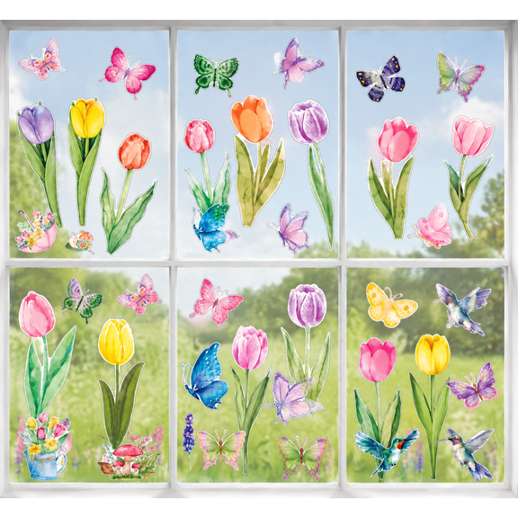 Spring Window Clings for Glass Windows Easter, 83pcs Flower Window Clings Butterfly Floral Decorations, Spring Window Stickers Decals for Classroom Home Office Indoor Decor