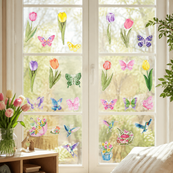 Summer Window Clings, 83 PCS Spring Flower Window Stickers Decorations for Glass Windows, Easter Tulip Butterfly Flower Window Decal