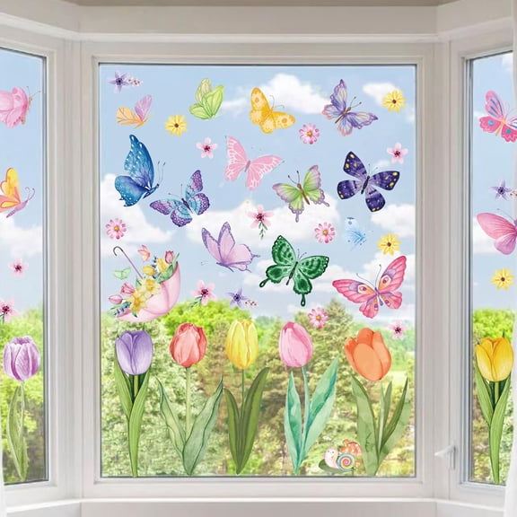 Summer Window Clings, 83 PCS Spring Flower Window Stickers Decorations for Glass Windows, Easter Tulip Butterfly Flower Window Decal