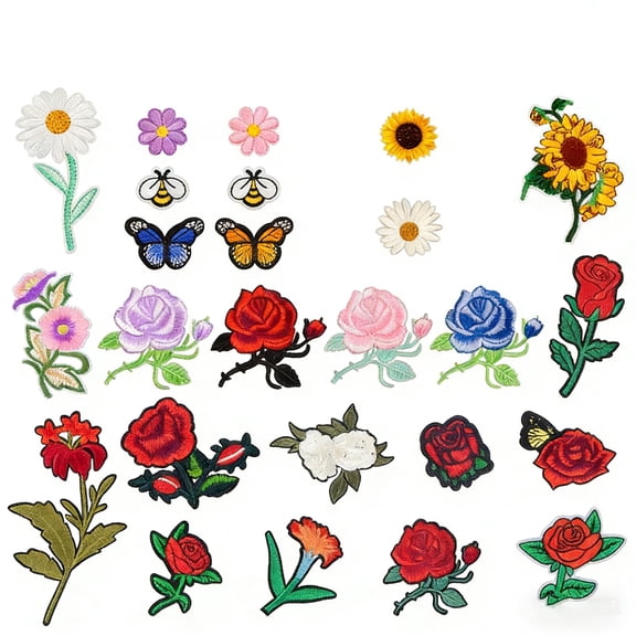 IBEQUEM 83 Pcs Embroidered Iron On Patches, Butterfly Flower Sew On Patches Set, Sunflower Bee Rose Daisy Embroidered, Applique Patches for Clothe Bag