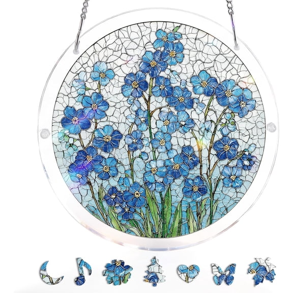 83-Piece Acrylic Jigsaw Puzzle Sun Catcher, Azure Bloom Whisper, 7.4 in DIY Suncatchers Puzzles Window Hanging Outdoor&Indoor, Colorful Stained Glass Realistic Flowers Home & Garden Decor(1Pcs