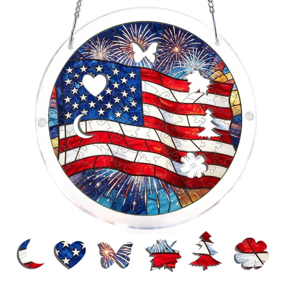 83-Piece Acrylic Jigsaw Puzzle Suncatcher, 7.4 Inch DIY Stained Glass Window Hanging with Rainbow Light Refraction, Independence Day 250th Anniversary Patriotic Home Decor for Garden Door Porch