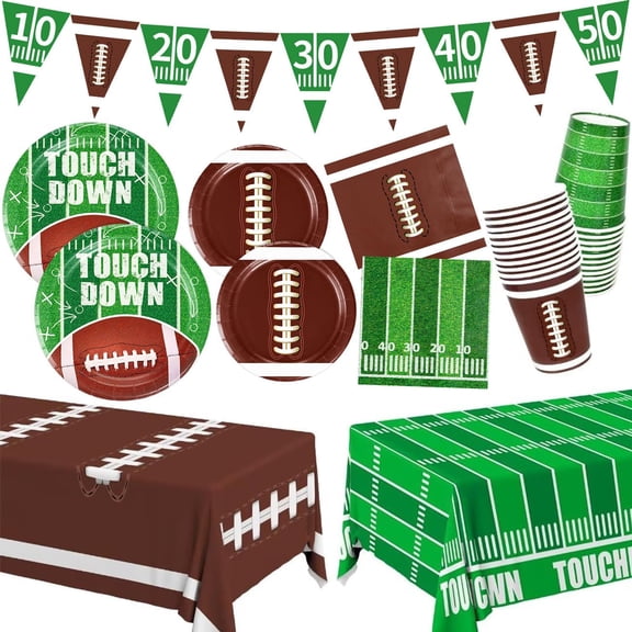 83-Piece Football Party Tableware Set - Serves 20 Guests, Includes Dinner Plates, Dessert Plates, Cups, Napkins, Tablecloths & Banner - Disposable Super Bowl, Game Day, Birthday Party Decorations