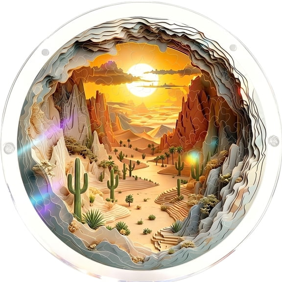 83 Pieces Acrylic Jigsaw Puzzle Suncatcher, Desert Cactus Sunset Window Hanging Suncatcher Puzzle, DIY Transparent Suncatcher for Windows, Home Decor Gift for Adults