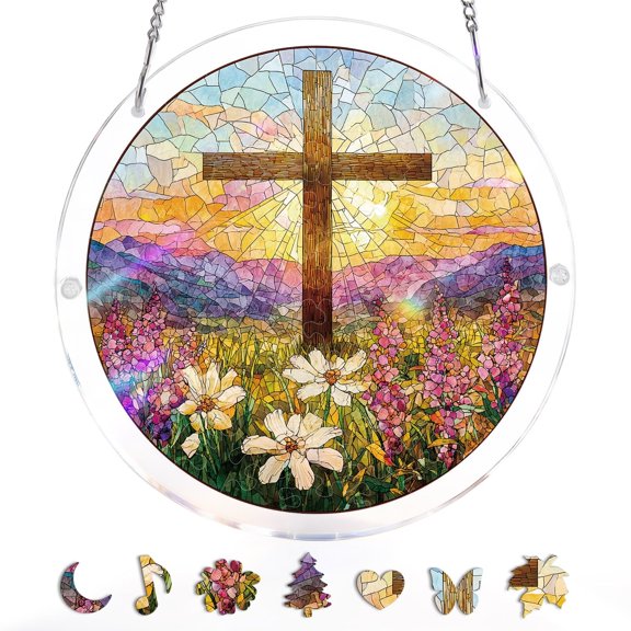 83 Pieces Acrylic Suncatcher Puzzle, Unique The cross is in the Garden of Holy Light DIY Kit for Adults, Suitable for hanging on doors, windows, gardens and other places. 7.4 in