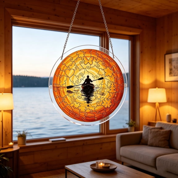 83 Pieces Stained Glass Style Acrylic Suncatcher Puzzle, Lake Sunset Rowing Silhouette Nature Scene Window Hanging Ornament, Translucent Shatterproof Rainbow Maker for Cozy Home Decor