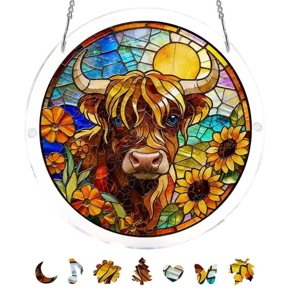 83 Pieces Sun Catcher Stained Glass Acrylic Puzzle Decoration - Highland Cow Design Acrylic Puzzles Suncatcher Window Hanging for for Women Men, DIY Suncatcher Kits for Adults