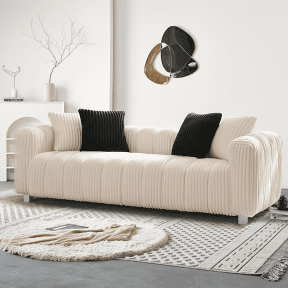 83" Premium Corduroy 3-Seater Sofa in White with Metal Legs & High-Resilience Cushions - Cozy, Durable Living Room & Bedroom Furniture
