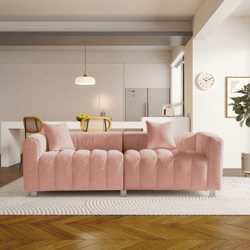 83" Premium Velvet Fluffy Modular Sectional Loveseat Sofa, Modern Mid-century Modular Sofa with Endless Configurations, Deep Seat Cloud Sectional Couch with Sturdy Support for Living Room, Pink