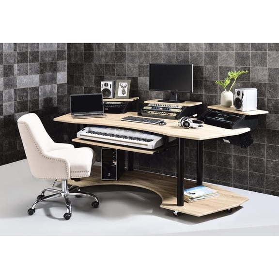 83" Recording Studio Desk | Spacious Surface for Equipment and Smooth Caster Mobility | Synthetic Wood Construction with Metal Support | Solves the Problem of Equipment Storage and Mobility