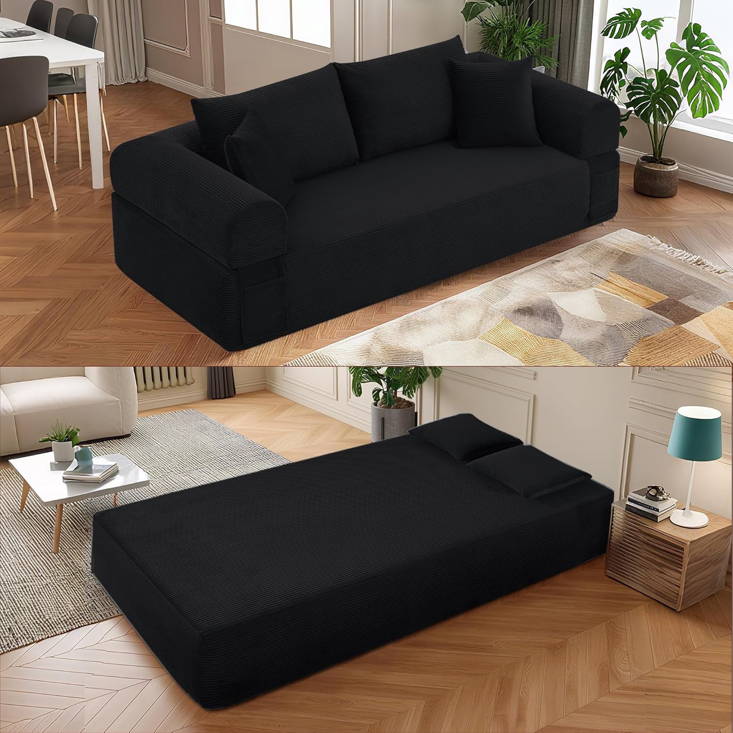 83" Seater Sofa Bed Couch with 4 Furry Pillows & Corduroy Fabric, No Assembly Sofa in a Box, Boneless Couch with Side Storage Pockets for Living Room, Bedroom, Office