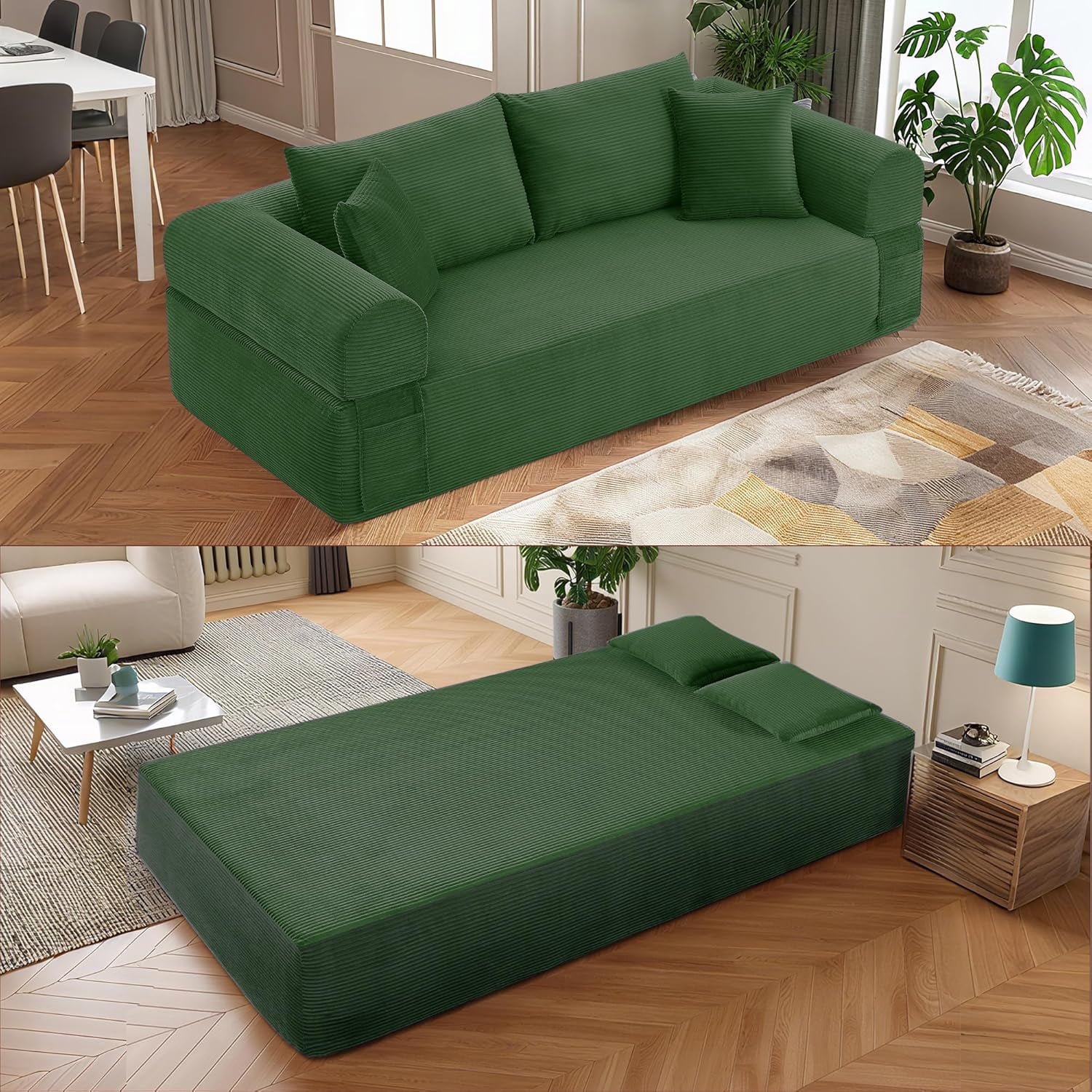 83" Seater Sofa Bed Couch with 4 Furry Pillows & Corduroy Fabric, No Assembly Sofa in a Box, Boneless Couch with Side Storage Pockets for Living Room, Bedroom, Office