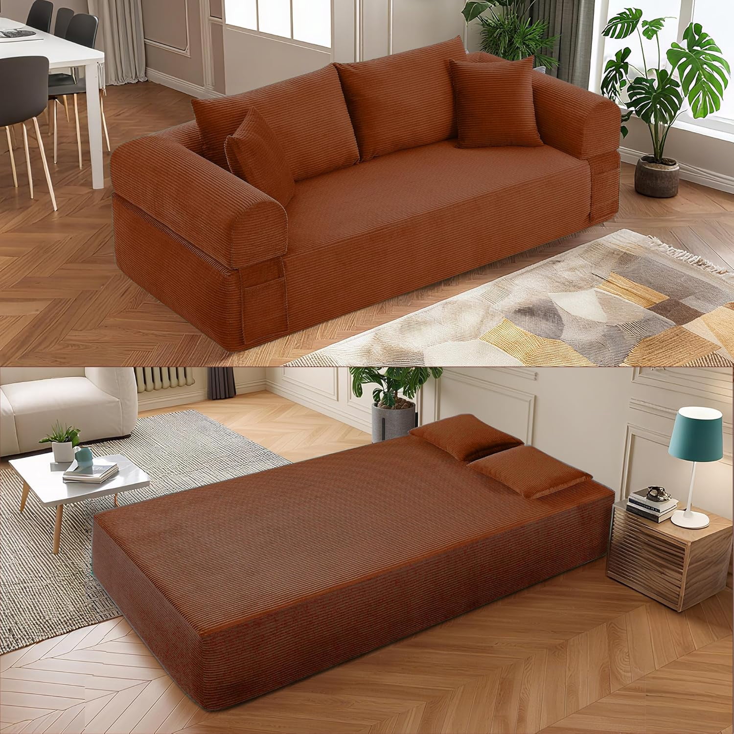 83" Seater Sofa Bed Couch with 4 Furry Pillows & Corduroy Fabric, No Assembly Sofa in a Box, Boneless Couch with Side Storage Pockets for Living Room, Bedroom, Office