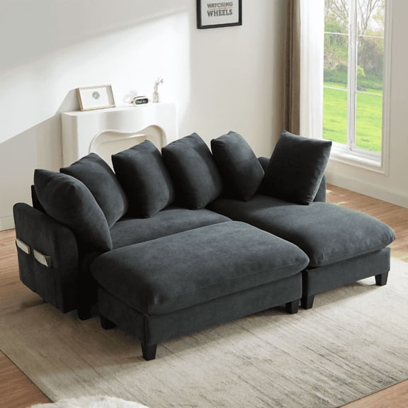 83" Sectional Sofa L-shaped Sofa Upholstered Sectional Sofa with Ample Storage Space, Movable Ottoman and Six Throw Pillows for Living Room, Black