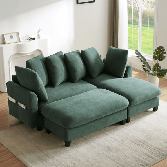 83" Sectional Sofa L-shaped Sofa Upholstered Sectional Sofa with Ample Storage Space, Movable Ottoman and Six Throw Pillows for Living Room, Green