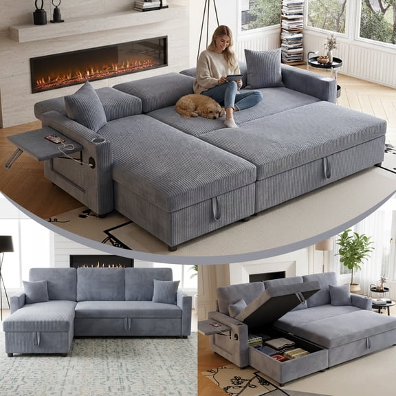 83" Sleeper Sectional Sofa, Comfy Convertible Sofa Bed with Pull Out Couches, Small Desktop, Corduroy L Shaped Couch with Reversible Storage Chaise & USB for Living Room Apartment,Grey