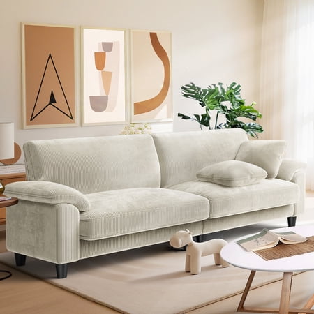Patbrela 83" Corduroy Sofa, Loveseat Sofa with Extra Deep Seat Couches, Comfy Upholstered Couch for Living Room, No Assembly with 2 Pillows, Beige