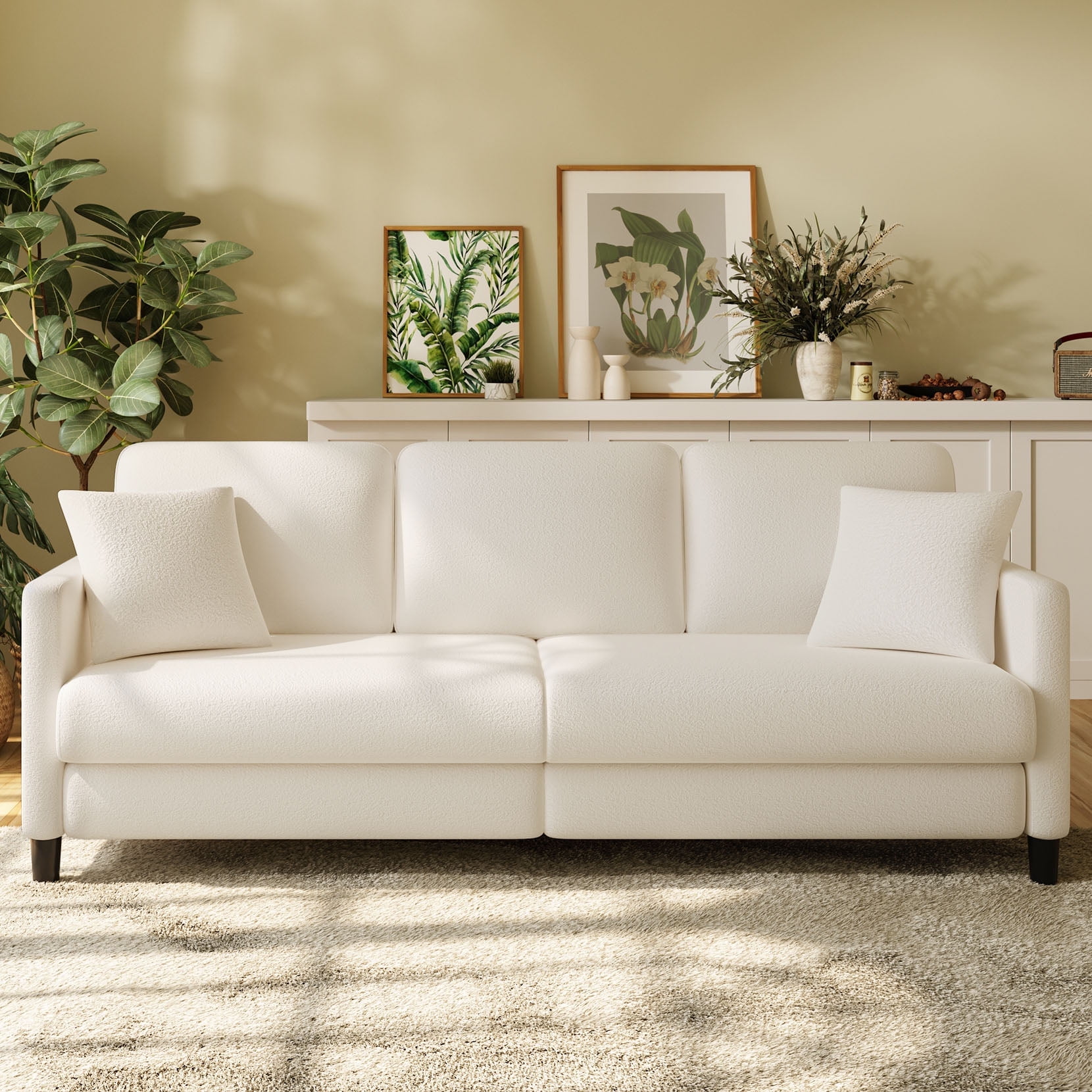 83 Comfortable Upholstered Sofa 3 Seater Couch for Living Room Neche Big Loveseat with Extra Deep Seats 2 Pillows Beige White