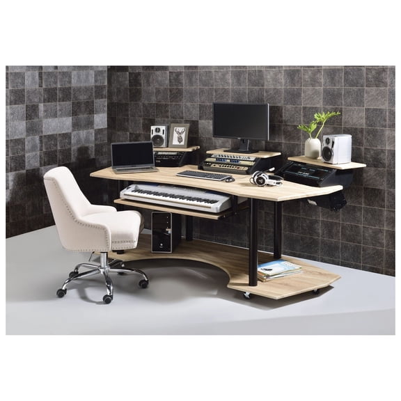 83" Studio Desk with Keyboard Shelf & Stands - Natural Oak Finish Recording Station - Music Production Table for Home & Pro Studios - Durable Metal Frame