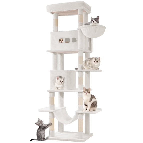 Hzuaneri Cat Tree, 82.6" Tall Large Multi‑Level Indoor Cat Tower with Scratching Posts, Hammock & Pom Poms, White