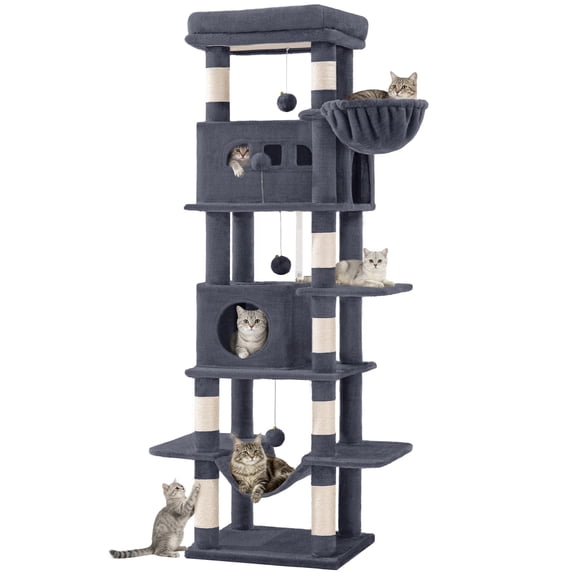 Cat Tree, 82.6‑Inch Tall Multi‑Level Cat Tower for Indoor Cats with Scratching Posts, Hammock and Pom‑Poms, Dark Gray