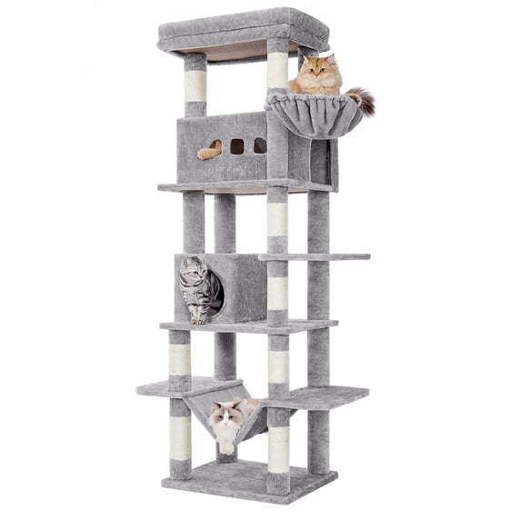Hzuaneri Cat Tree, 82.6" Tall Large Multi‑Level Indoor Cat Tower with Scratching Posts, Hammock & Pom Poms, Light Grey