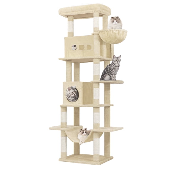 Hzuaneri Cat Tree, 82.6" Tall Multi‑Level Indoor Cat Tower with Scratching Posts, Condo, Hammock and Pom Poms, Beige