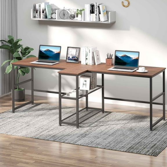 83" Two Person Computer Desk with 2 Storage Shelves, Double Desk Workstation with Book Shelf