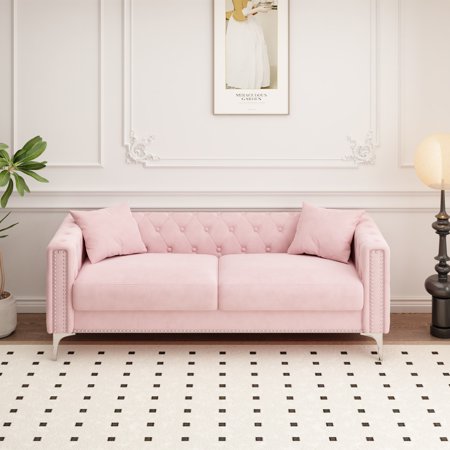 83" Velvet Tufted Upholstered Sofa Couch with Nailhead Trim Arms and Silver Legs, Modern 3 Seater Sofa for Living Room, Pink