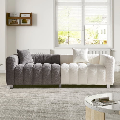 83" Velvet Upholstered Large Sofa, Mid-Century Modern Sofa with Modular Layout, Oversized Sofa Chair with Metal Legs for Home Living Space, White+gray
