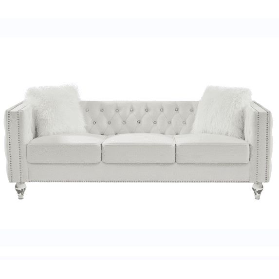 83''W Velvet Sofa Couch, 3-Seater Sofa with Crystal Buckle Tufted Back and Two Plush Pillows, Comfy Loveseat Sofa with Crystal Feet and Movable Cushion for Living Room, Bedroom, Office, Beige