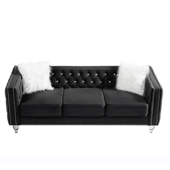 83''W Velvet Sofa Couch, 3-Seater Sofa with Crystal Buckle Tufted Back and Two Plush Pillows, Comfy Loveseat Sofa with Crystal Feet and Movable Cushion for Living Room, Bedroom, Office, Black