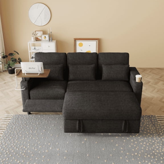 83-inch 3-in-1 foldable three-person sofa bed with a table board and USB ports, armrests with storage function. High-quality chenille three-person sofa. The sofa bed features adjustable backrest