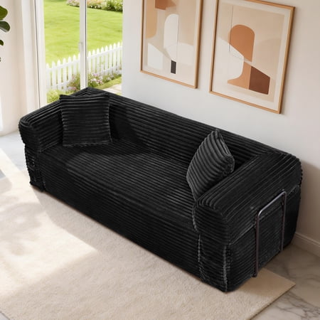 83 inch Cloud Boneless Couch for Living Room 3-Seater Sofa with Fixed-Shape Frame, Single Sleeper Corduroy Sofa in A Box, No Assembly Required, Black