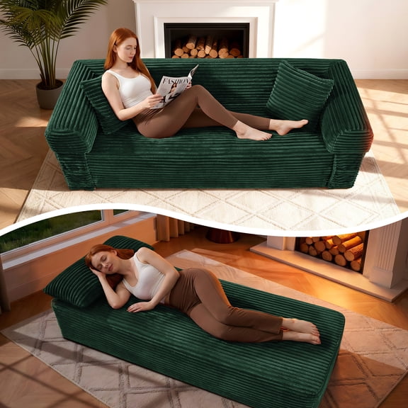 83 inch Cloud Boneless Couch for Living Room 3-Seater Sofa with Fixed-Shape Frame, Single Sleeper Corduroy Sofa in A Box, No Assembly Required, Green