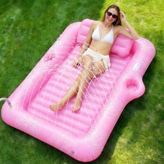 83'' x 50'' Inflatable Tanning Bed Pool Lounger, 2-in-1 Tanning Floating Rafts for Adults, Beach Backyard Personal Sunbathing Pool with Cup Holder, Ice Tray and Sprinkler (330lbs Capacity)