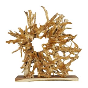 83" x 82" Light Brown Teak Wood Handmade Large Oversized Tree Root Floor Abstract Sculpture, by DecMode