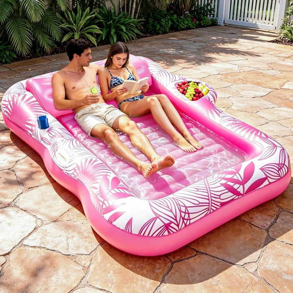 83"x63" Extra Large Inflatable Tanning Pool Float Lounger,2-Person Pool Float Adults with Backrest,Cup & Food Holder Tanning Bed Pool Raft Floatie Blow up Summer Beach Pool Party