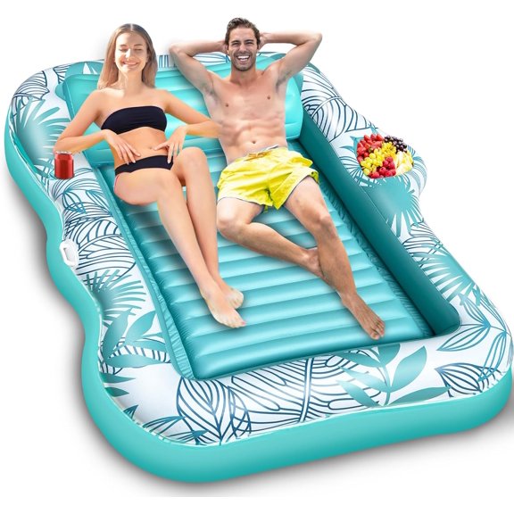 83"x63" Extra Large Inflatable Tanning Pool Float Lounger,2-Person Pool Float Adults with Backrest,Cup & Food Holder Tanning Bed Pool Raft Floatie Blow up Summer Beach Pool Party(Extra Large & Green)