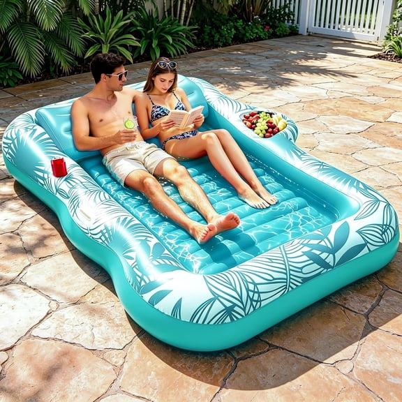 83"x63" Extra Large Inflatable Tanning Pool Float Lounger,2-Person Pool Float Adults with Backrest,Cup & Food Holder Tanning Bed Pool Raft Floatie Blow up Summer Beach Pool Party