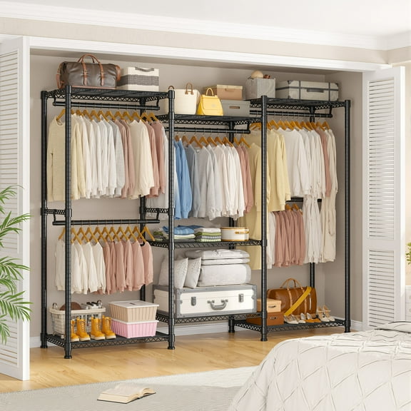 830 LBS Metal Clothes Rack Heavy Duty Clothing Rack Adjustable Garment Rack FreeStanding Closet Wardrobe Portable 77" H x 69" W x 15.8" D Black