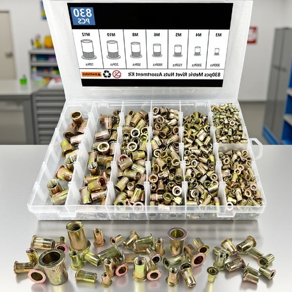 830-Piece Metric Rivet Nut Assortment, M3 M4 M5 M6 M8 M10 M12 Flat ...