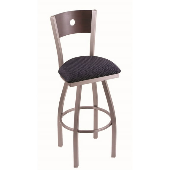 830 Voltaire 25" Counter Stool with Stainless Finish, Axis Denim Seat, Dark Cherry Maple Back, and 360 swivel