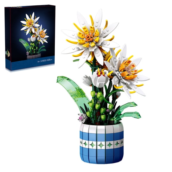 835Pcs Queen of the Night Epiphyllum Building Blocks Set, Artificial Flower Potted Plant Model Kit, White Bloom with Yellow Stamens, Home Desk Office Decor, Simulated Bonsai Gift